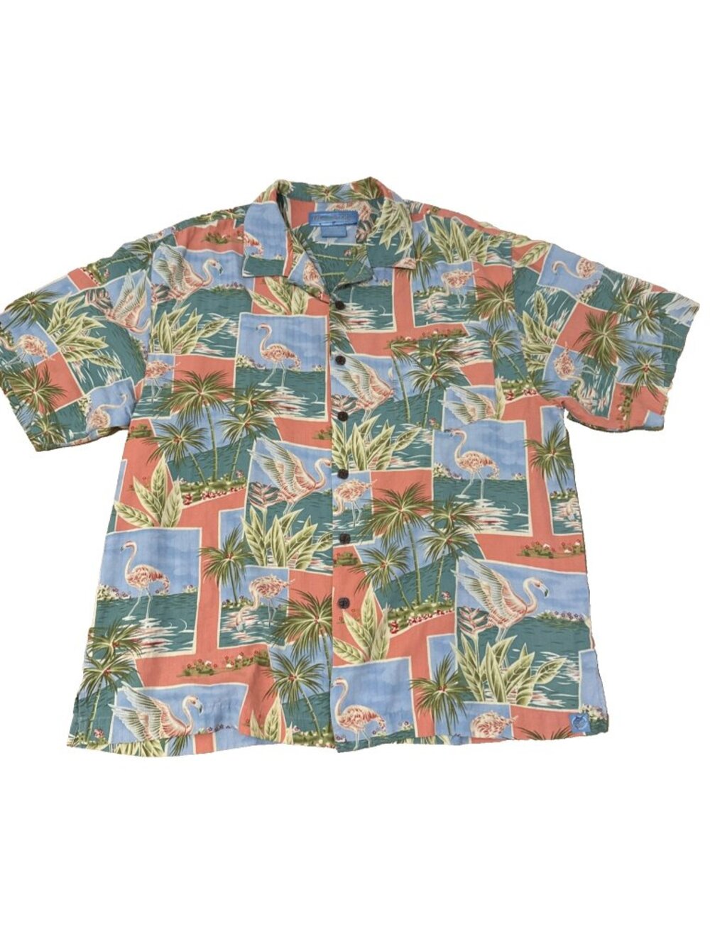Bermuda Bay Pink Flamingo Silk Hawaiian Flamingo Print Button Shirt Mens Size XL